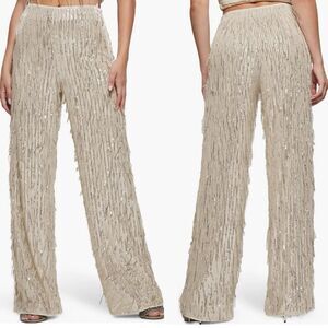 NWT GUESS Heidi Sequin Fringe Wide Leg Pants Womens SIZE MEDIUM Pearl NYE Shiny